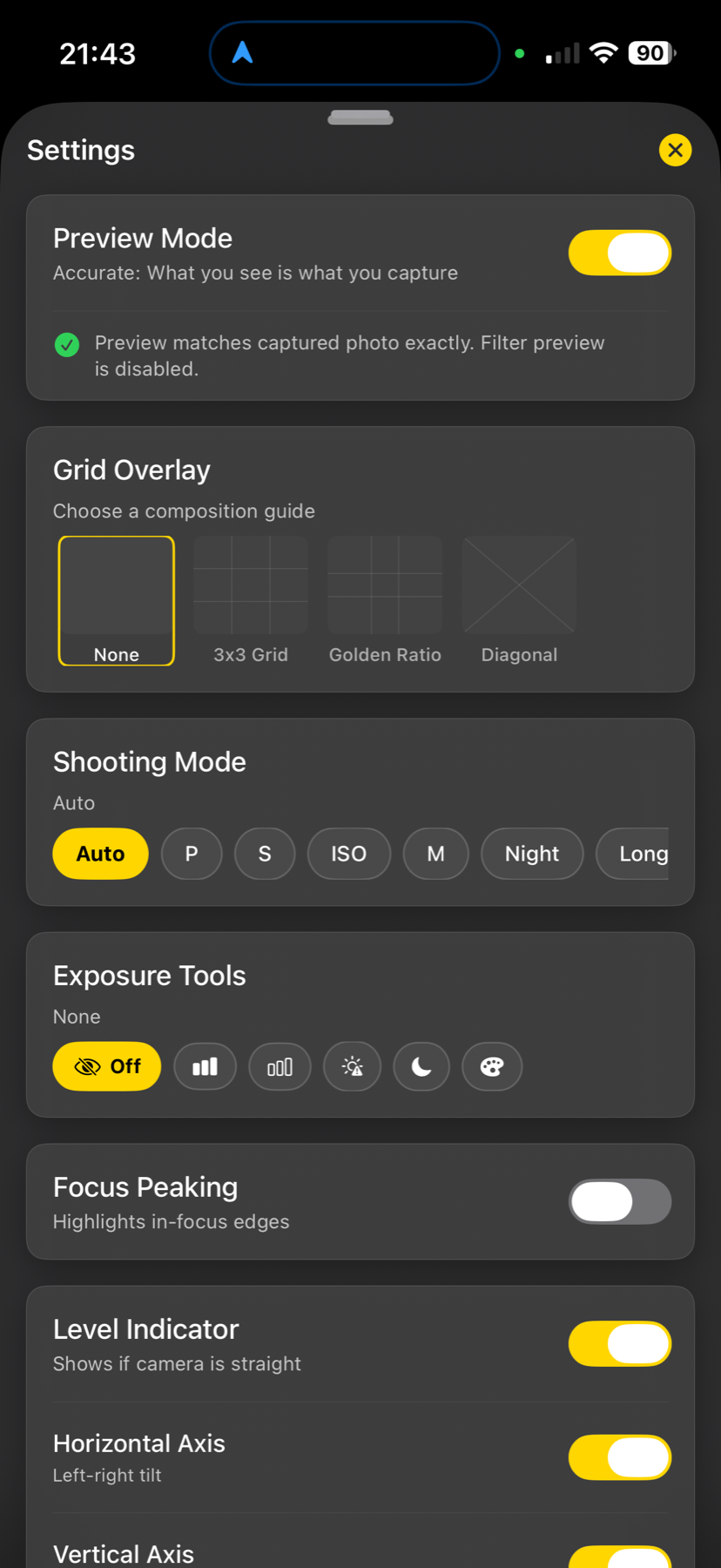Acetate camera settings sheet showing Preview Mode toggle, Grid Overlay options, Shooting Mode chips (Auto / P / S / ISO / M / Night / Long), Exposure Tools row, and Focus Peaking