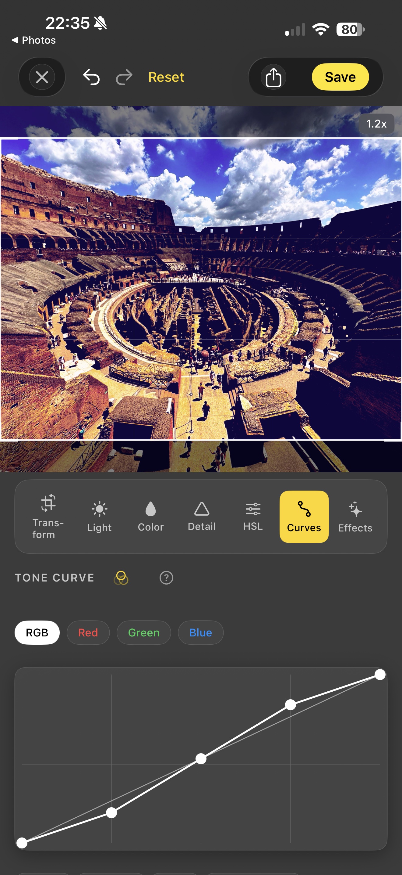 Acetate editor's Curves tab over a wide-angle interior view of the Roman Colosseum at golden hour, showing the RGB tone curve with an S-curve plotted and the RGB / Red / Green / Blue channel selector above