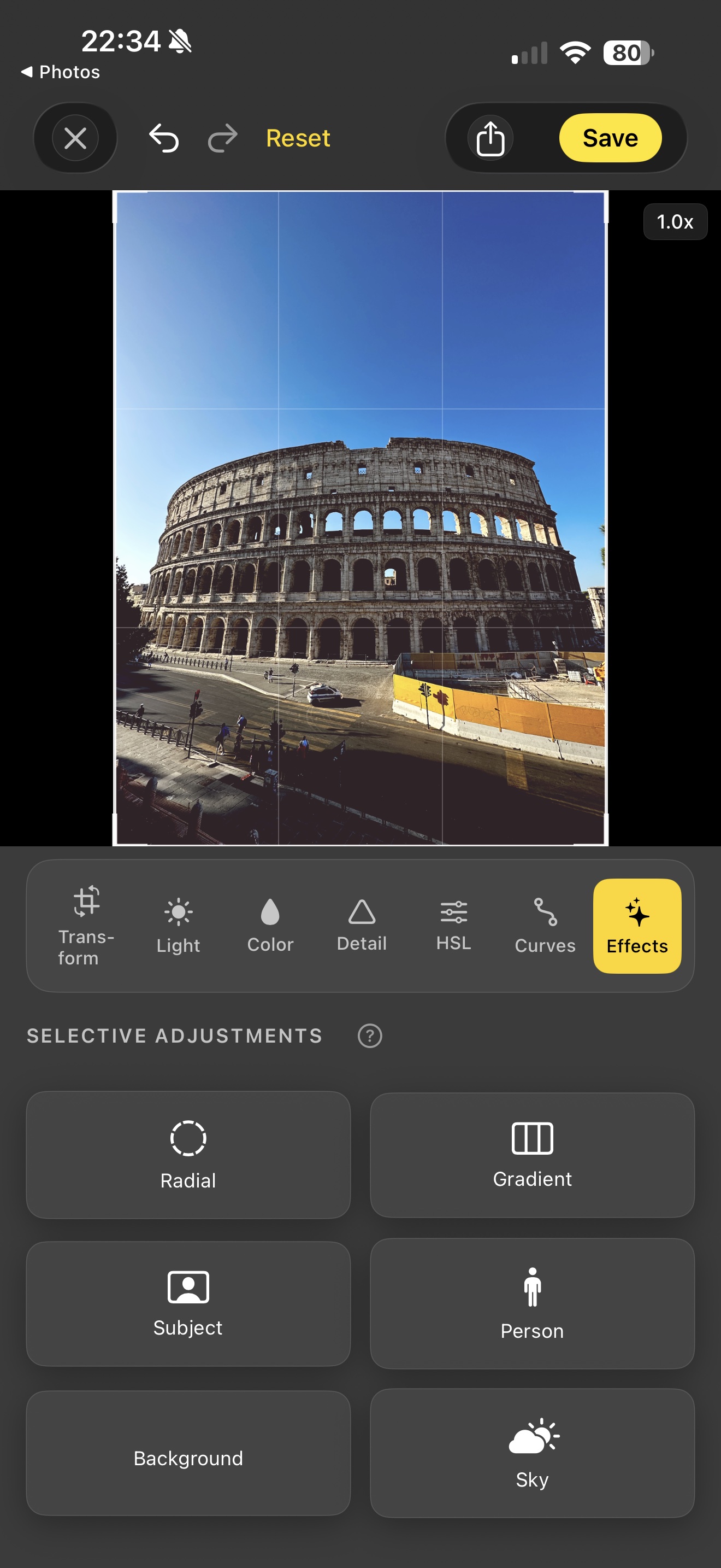 Acetate editor's Selective Adjustments panel over an exterior photo of the Roman Colosseum, showing the six mask types — Radial, Gradient, Subject, Person, Background, Sky — that Vision detects locally on-device with no cloud round-trip